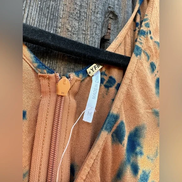 NWT Young Fabulous & Broke Blue Frida Dress in Tan & Blue w Slit & Belt